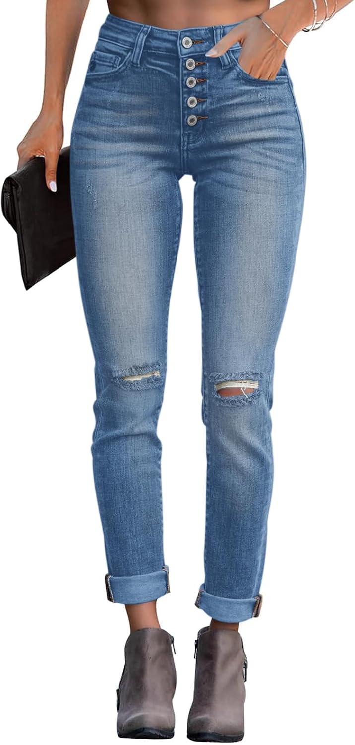Yajedo Women’s Skinny Ripped Trendy Jeans Distressed Stretchy Slim Fit Denim Pants