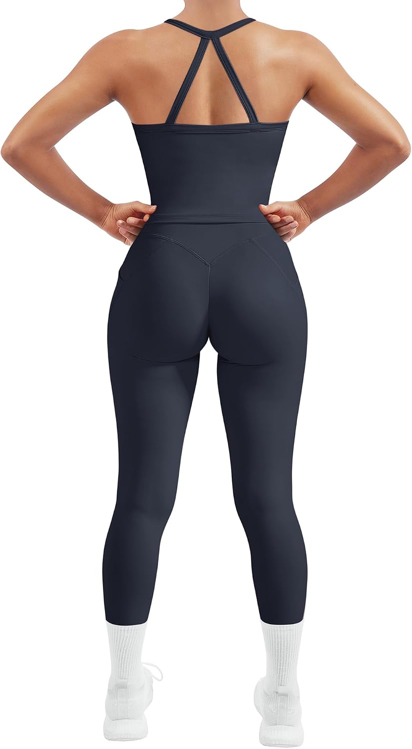 SUUKSESS Women 2 Piece Workout Sets Compression Tummy Control Leggings with Pockets Halter Built in Bra Tank Tops