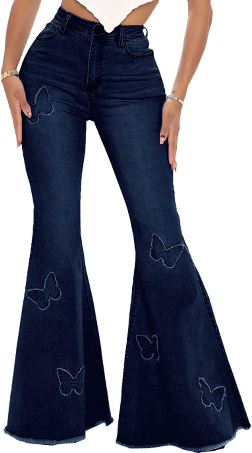 Women’s Butterfly Bell Bottom Jeans Elastic High Waisted Embroidered Classic Flareed Jeans Raw Hem Denim Pants with Pocket