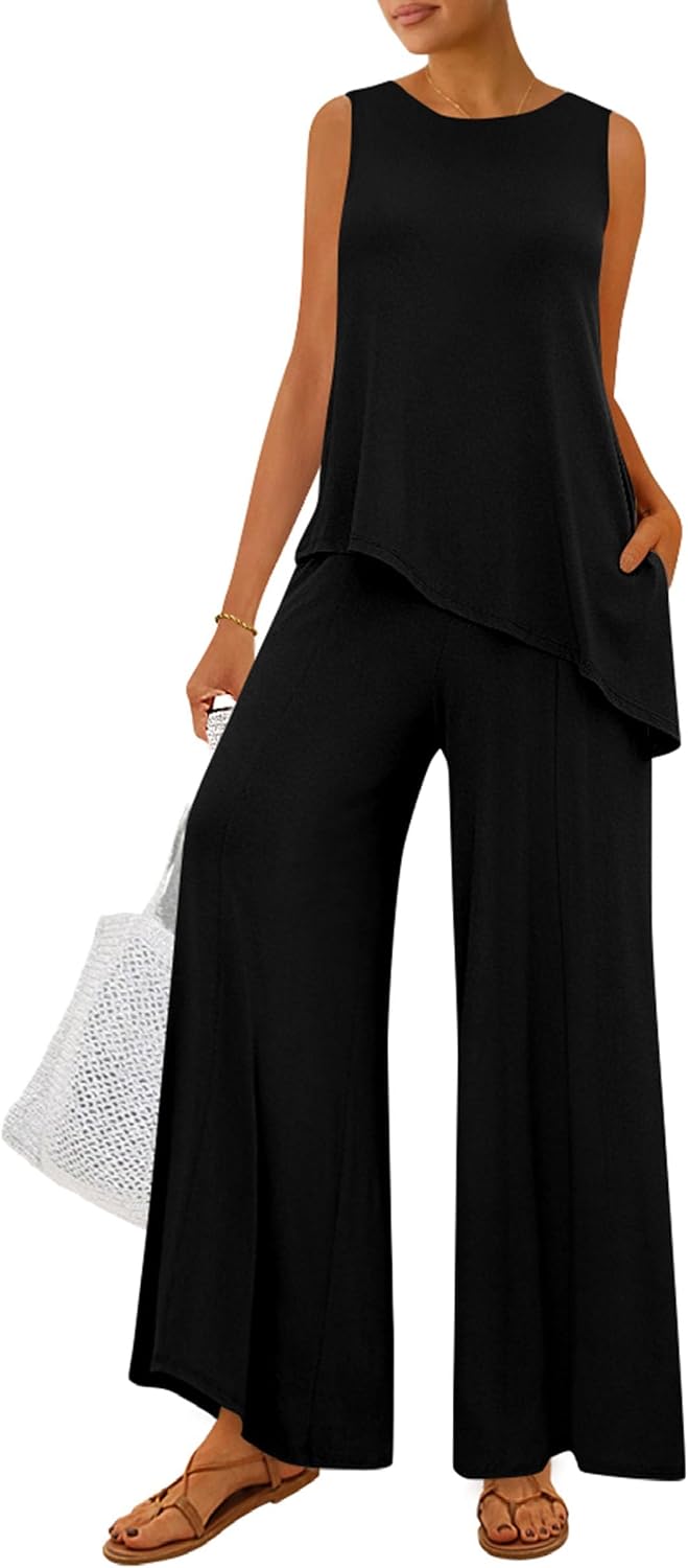 PRETTYGARDEN Women’s 2026 Two Piece Matching Lounge Sets Asymmetrical Split Tank Tops Wide Leg Pants Summer Outfits Tracksuit