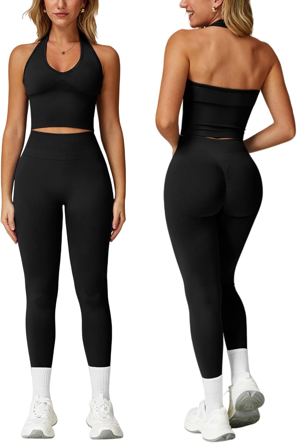 Workout Sets for Women 2 Piece Seamless Halter Tank Top Scrunch Butt Lifting High Waist Leggings Gym Sets Active Wear