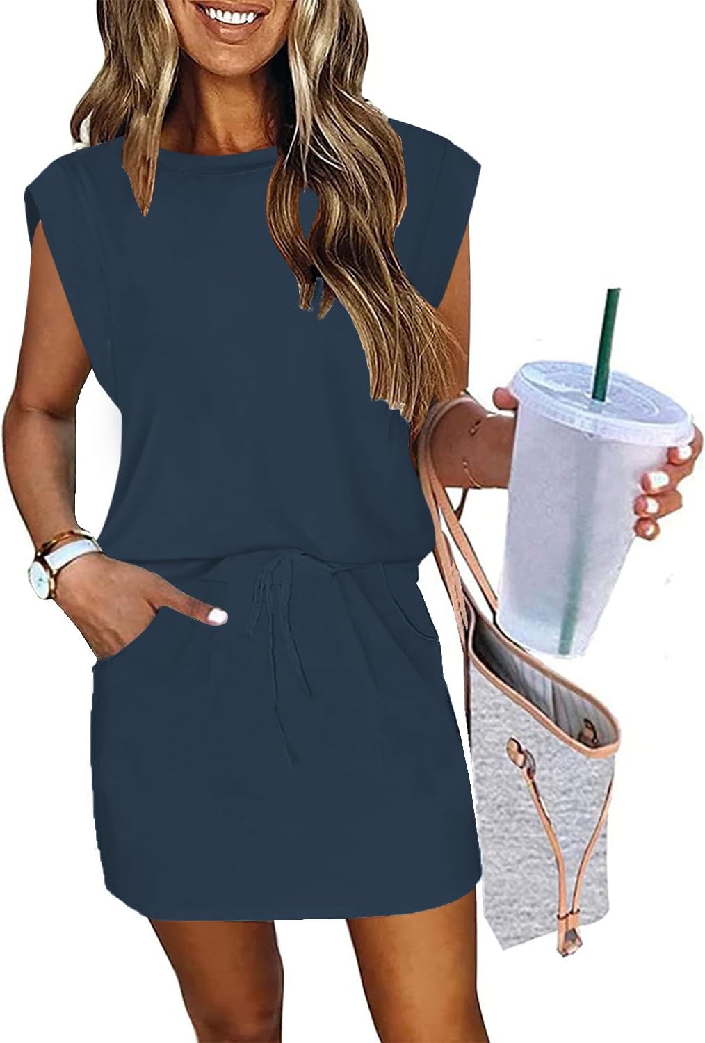 Womens Cap Sleeve Summer Dresses Tie Front Beach Mini Dress Tshirt Dress