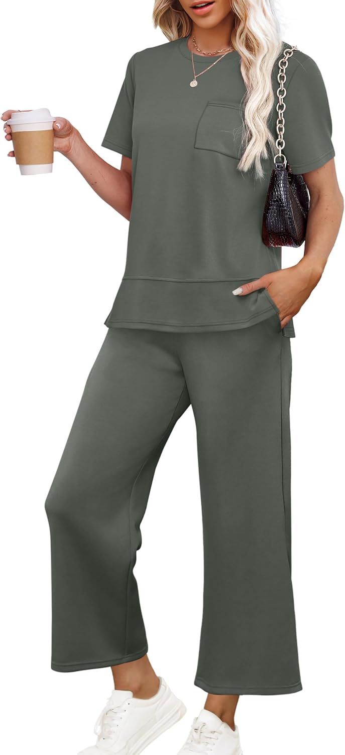 OFEEFAN Women’s Lounge Sets Fashion Outfits Wide Leg Loungewear Side Slit Tracksuit for Vacation Travel Airport S-3XL
