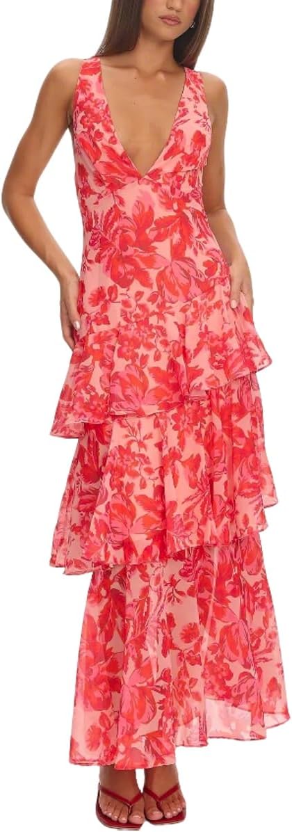 Women’s Floral Maxi Dress Sexy Deep V Neck Backless Ruffles Dresses Beach Party Wedding Guest Dress