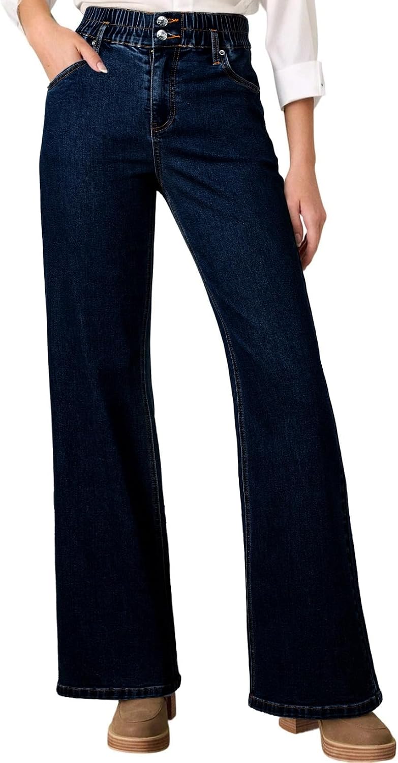 Astylish Women’s Pull On Stretchy Elastic High Waisted Jeans Trendy Wide Leg Baggy Straight Trouser Jeans
