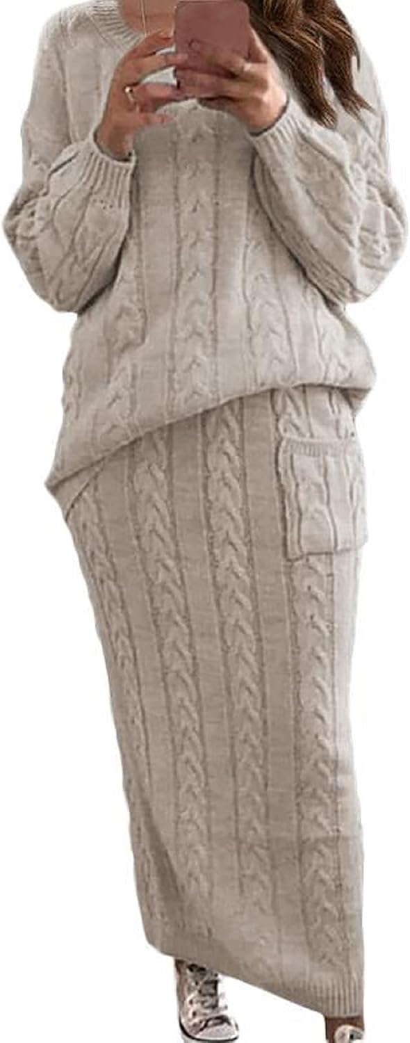 CHARTOU Women’s Winter Chunky Cable Knit Long Skirt 2 Piece Outfit Sweater Sets