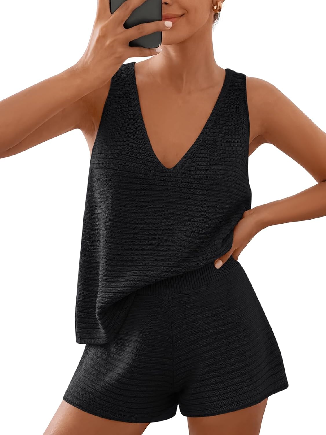 LILLUSORY Women’s Summer 2 Piece Vacation Short Sets Matching V Neck Cute Beach Outfits 2026 Lounge Coastal Set Knit Pajamas