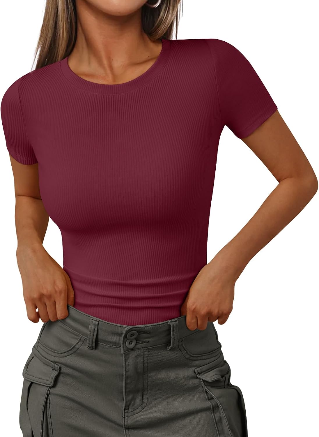 Trendy Queen Women’s Crewneck Ribbed Knit Fitted T-Shirt