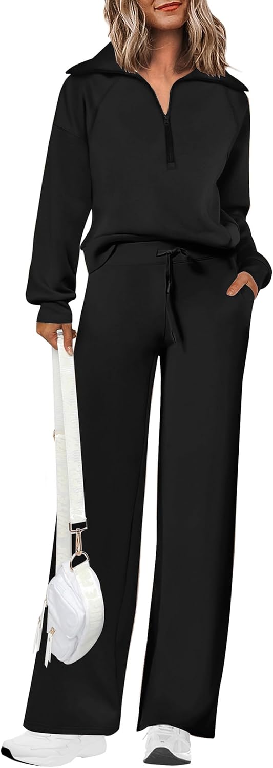 PRETTYGARDEN Women’s 2 Piece Outfits Casual Lapel Half Zip Sweatshirts and Wide Leg Pants Tracksuit Sets