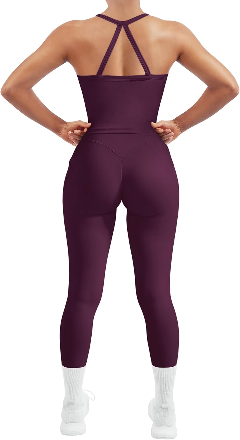 SUUKSESS Women 2 Piece Workout Sets Compression Tummy Control Leggings with Pockets Halter Built in Bra Tank Tops