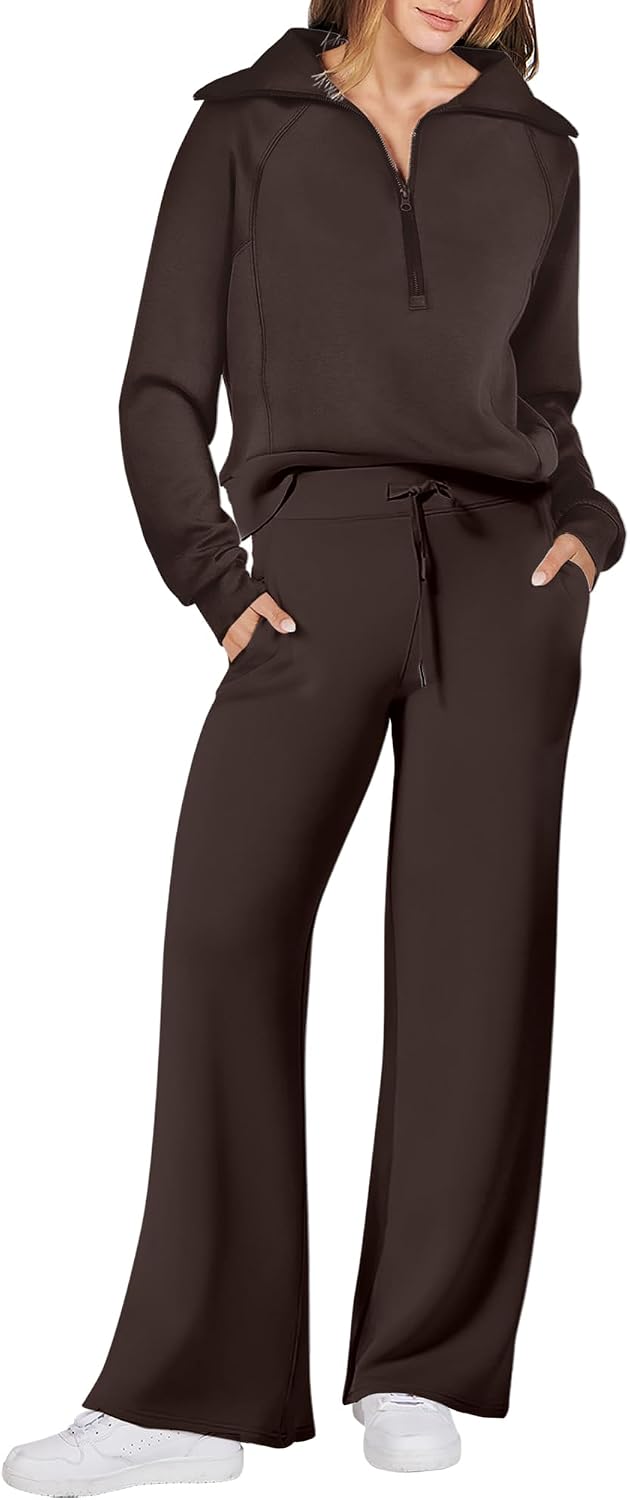 ANRABESS Women’s 2 Piece Outfits Half Zip Sweatshirt & Wide Leg Pants Airport Travel Lounge Matching Sets Sweatsuits Clothing