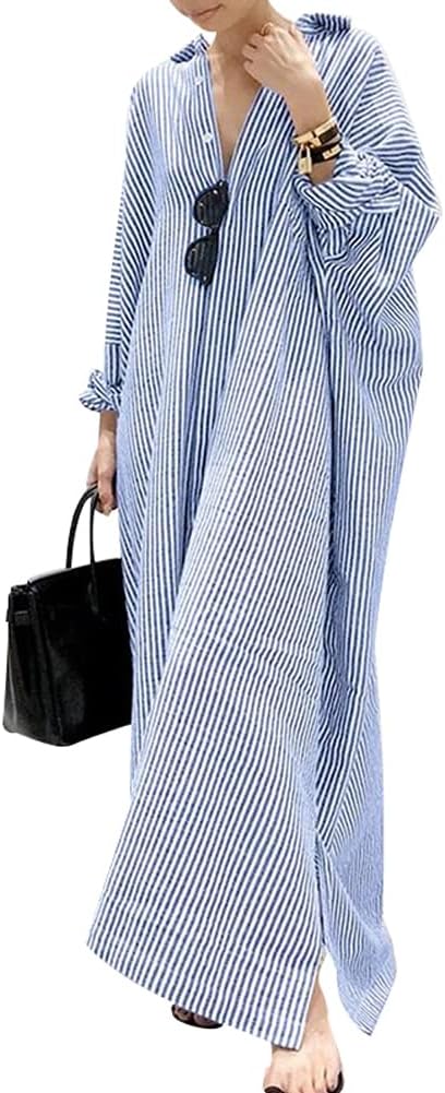 chouyatou Women’s Casual Long Sleeve Button Down Loose Striped Cotton Maxi Shirt Dress