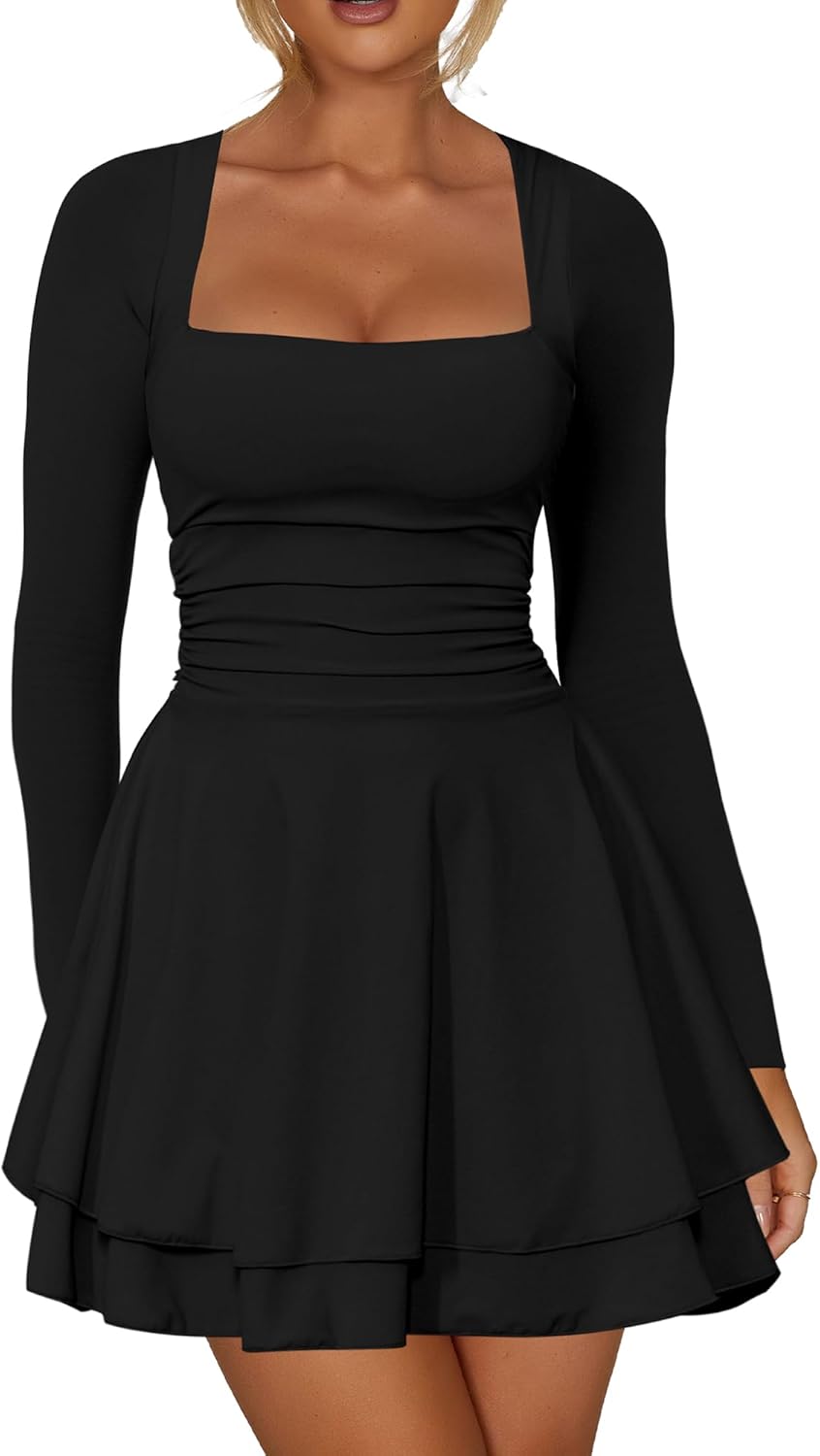 Kaximil Women’s Square Neck Ruffle Hem Mini Dress Ruched Waist Long Sleeve Corset Short Party Dresses