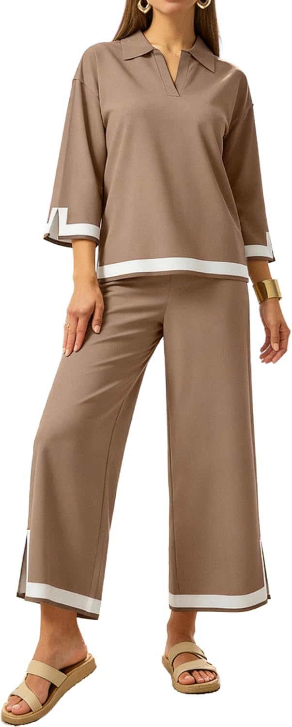 Tanming Womens 2 Piece Outfits 3/4 Sleeve Knit Sweater Top Wide Leg Pants Airport Travel Lounge Sets Tracksuits