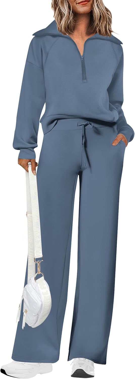 PRETTYGARDEN Women’s 2 Piece Outfits Casual Lapel Half Zip Sweatshirts and Wide Leg Pants Tracksuit Sets