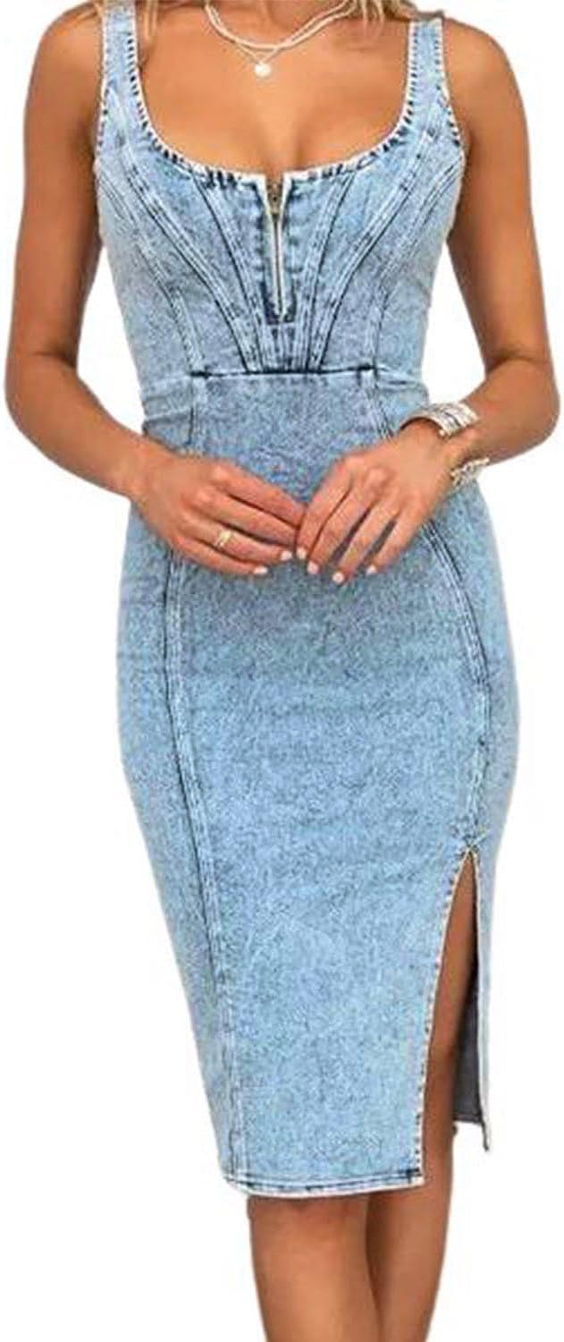utcoco Denim Dress for Women Sleeveless Side Slit Bodycon Midi Jean Dresses for Women 2026
