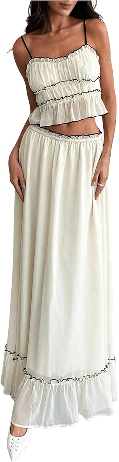 SOLY HUX Women’s Skirt Sets 2 Piece Outfits Contrast Trim Ruffle Hem Cami Tops and Maxi Skirt Vacation Set