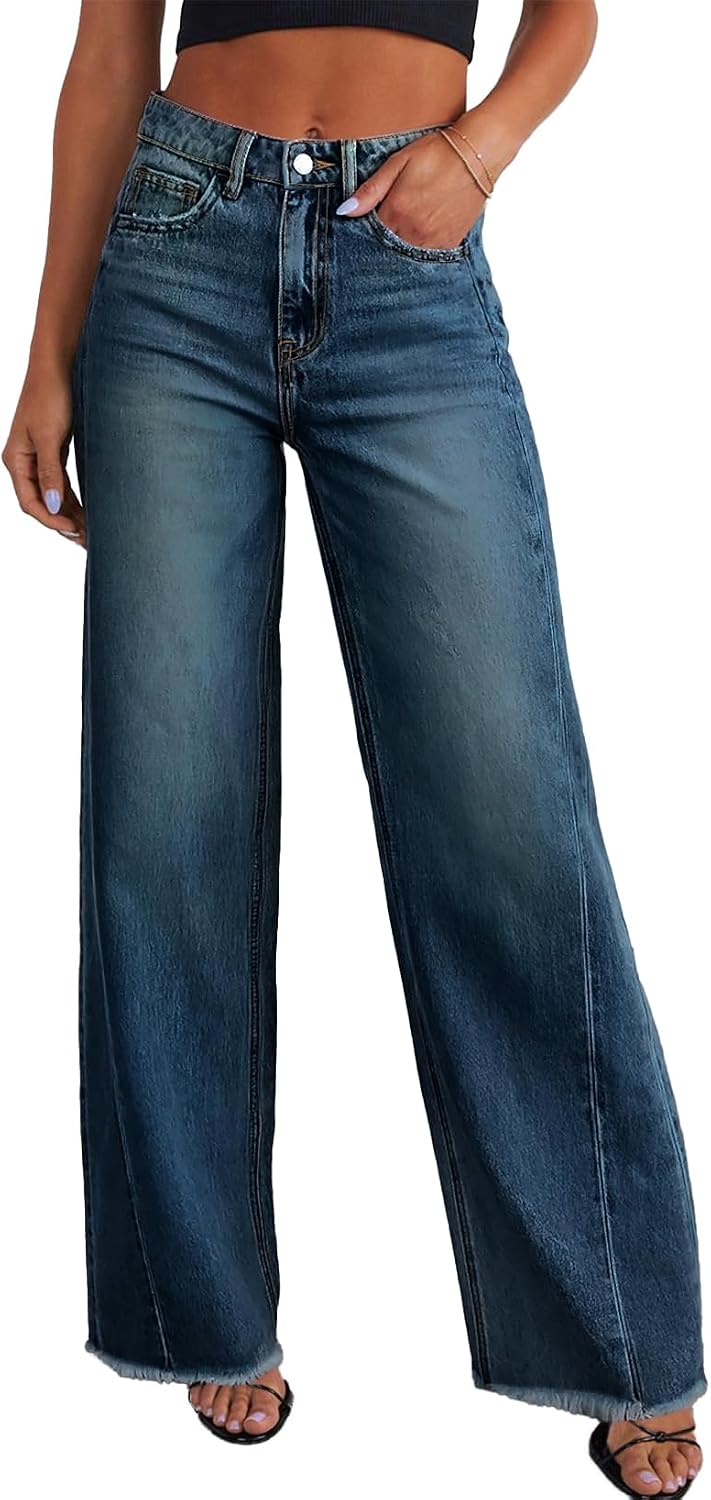 Sidefeel Women’s Wide Leg Jeans High Waisted Stretchy Raw Hem Zimbaplatinum Denim Pants