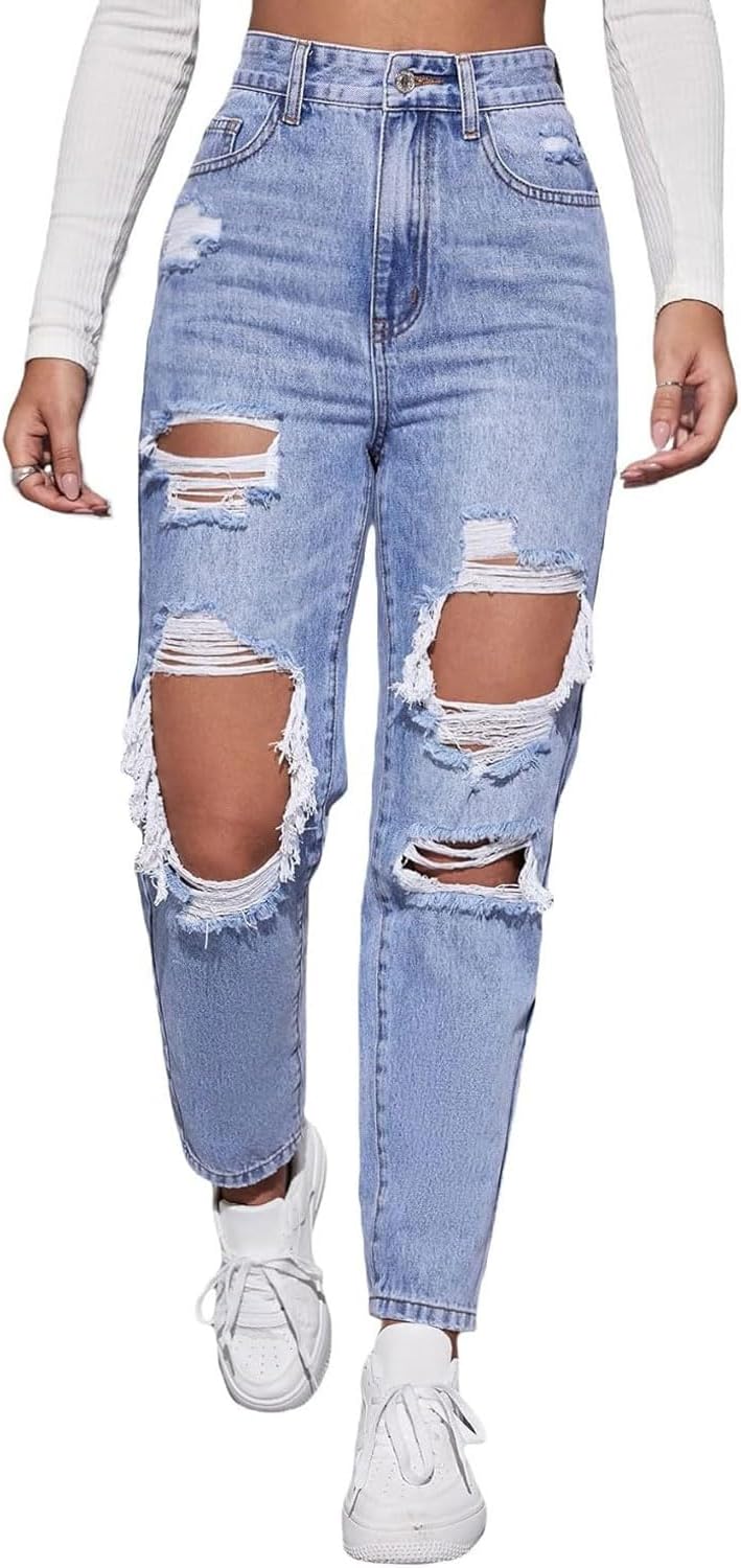 Jelove Women’s High Waist Boyfriend Straight Leg Ripped Jeans Distressed Denim Pants