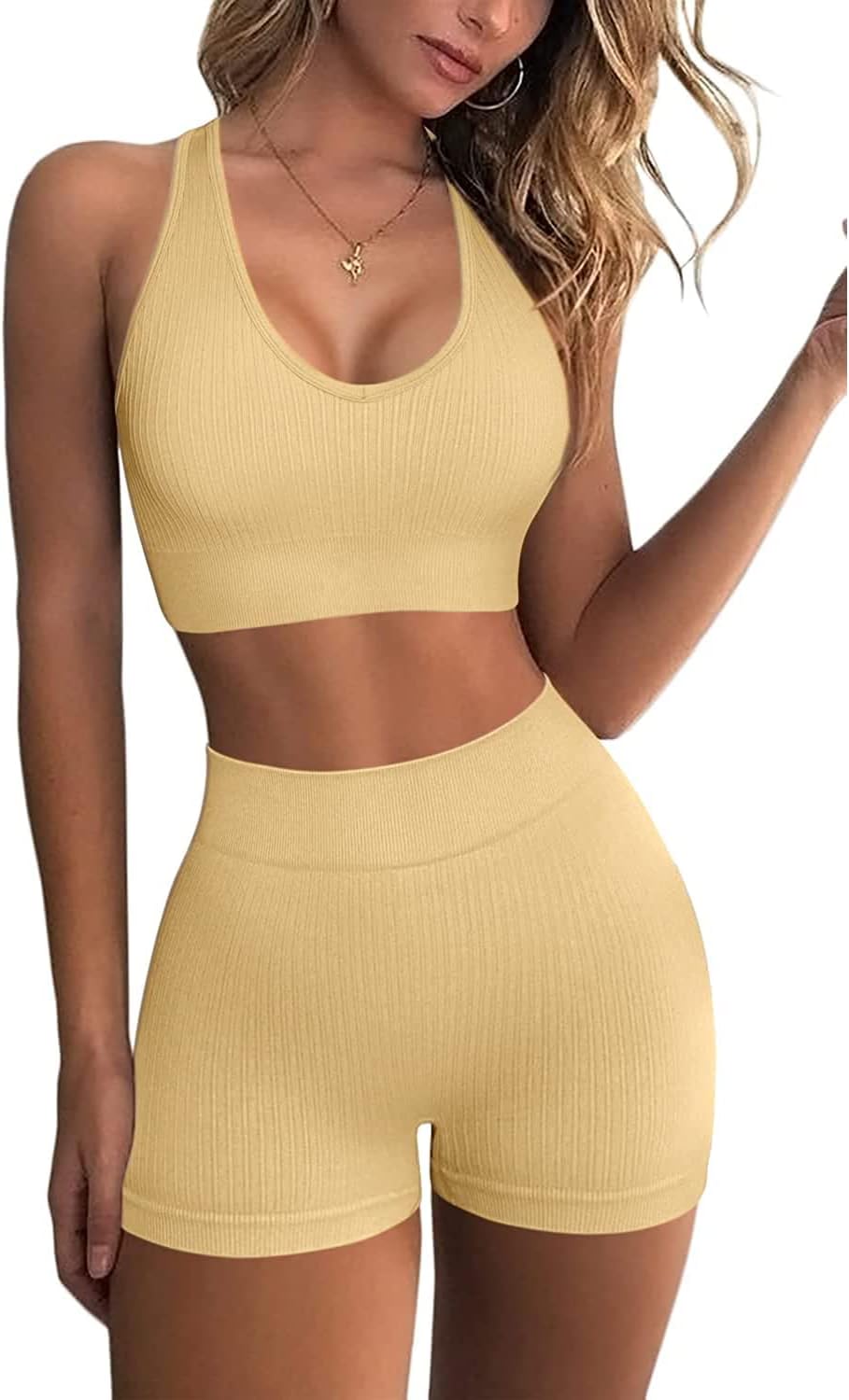 Workout Sets for Women 2 Piece Outfits Gym Yoga Clothing Ribbed Tank Crop Tops Seamless High Waist Booty Biker Shorts