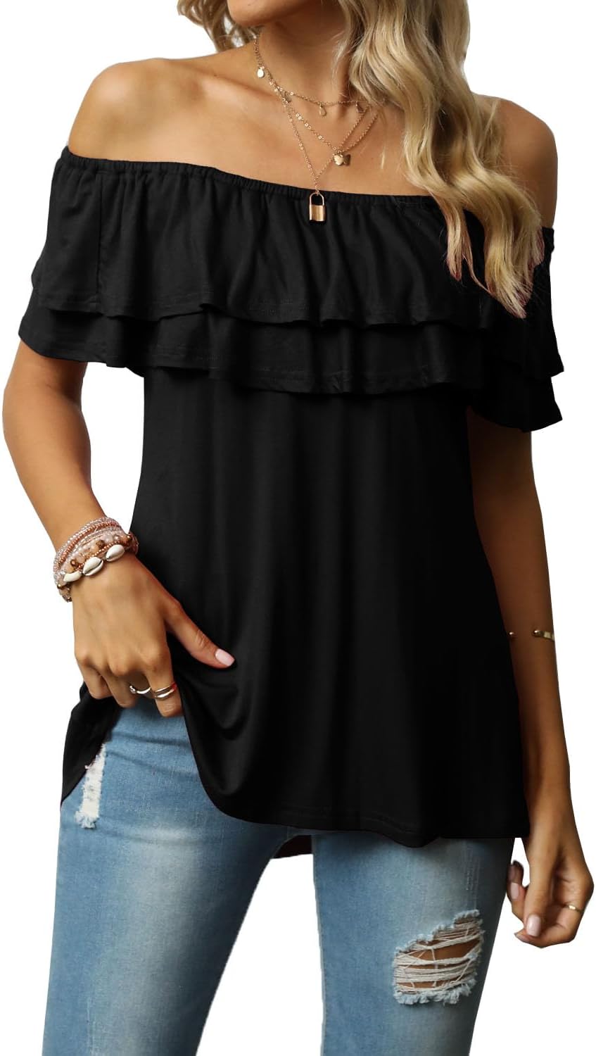 KEEDONE Women’s Casual Off Shoulder Ruffle Tops Short Sleeve T Shirts Loose Summer Blouses Shirt