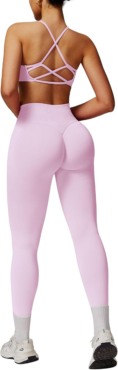 ABOCIW Workout Sets for Women 2 Piece Seamless HIgh Waist Scunch Butt Lifting Leggings Strappy Sports Bra Gym Outfits