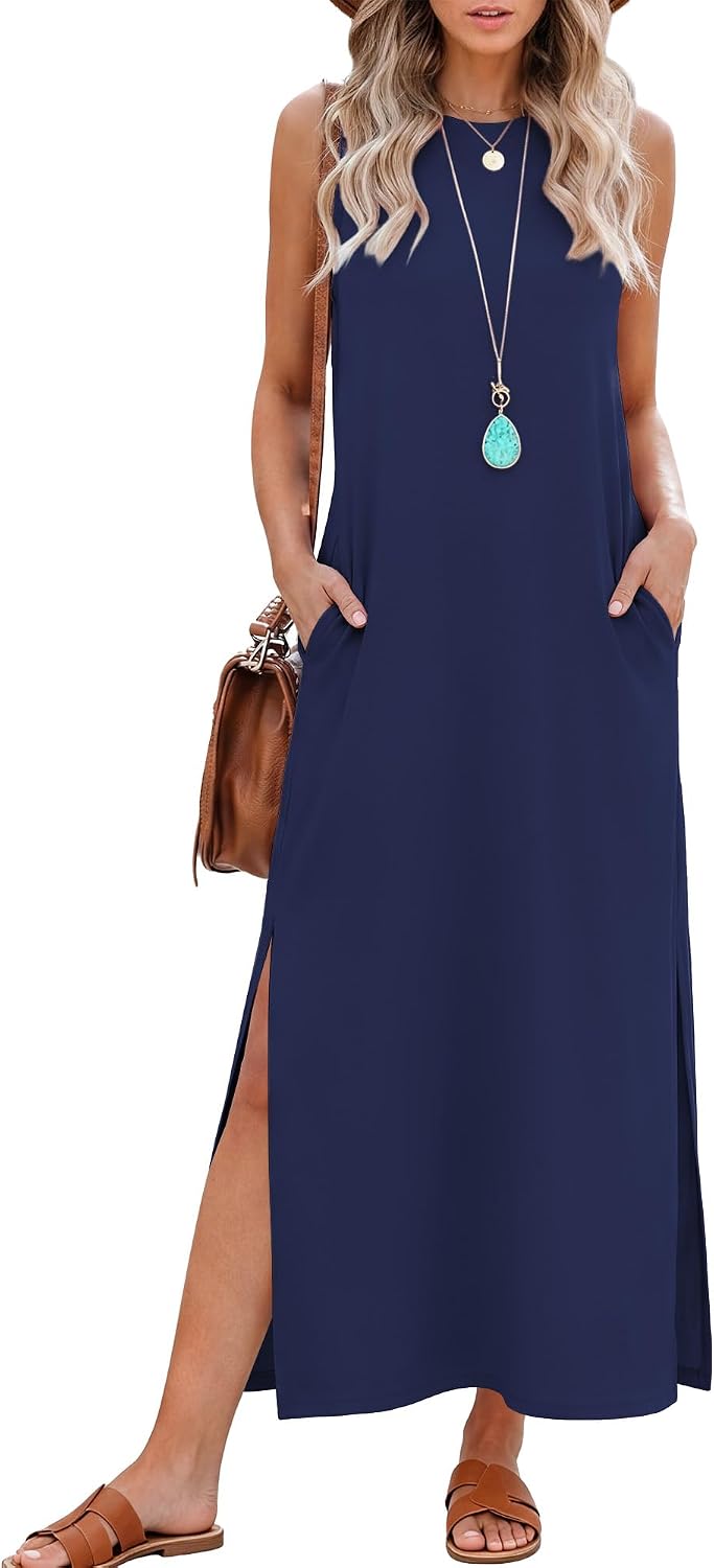 RUMIA Summer Dresses for Women Casual Maxi Side Slit Long Dress with Pockets (S-XXL)