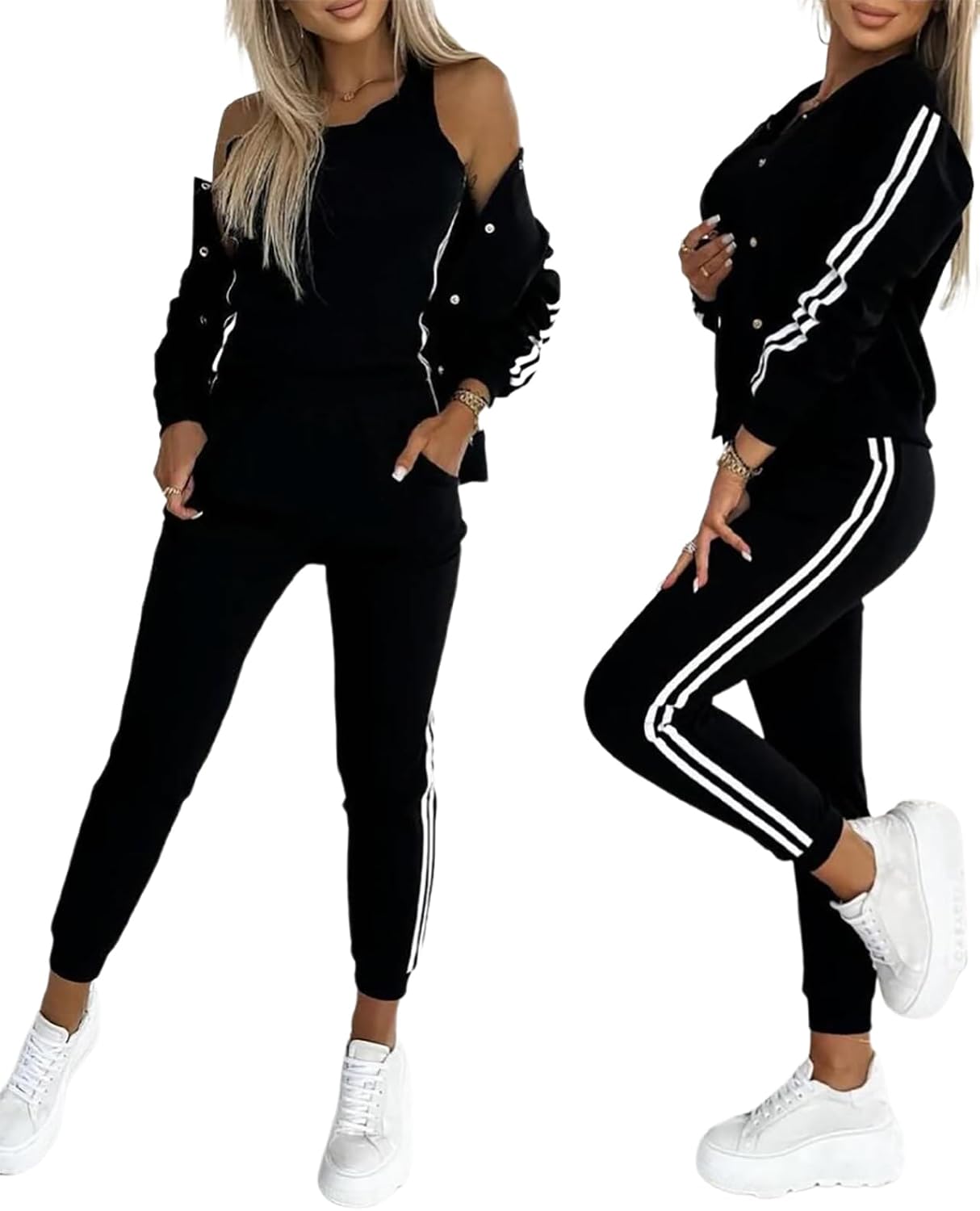 CHICME Women’s Three Piece Outfits Striped Tape Patch Tank Tops Bomber Jacket with Sporty Pants Tracksuit Lounge Sets
