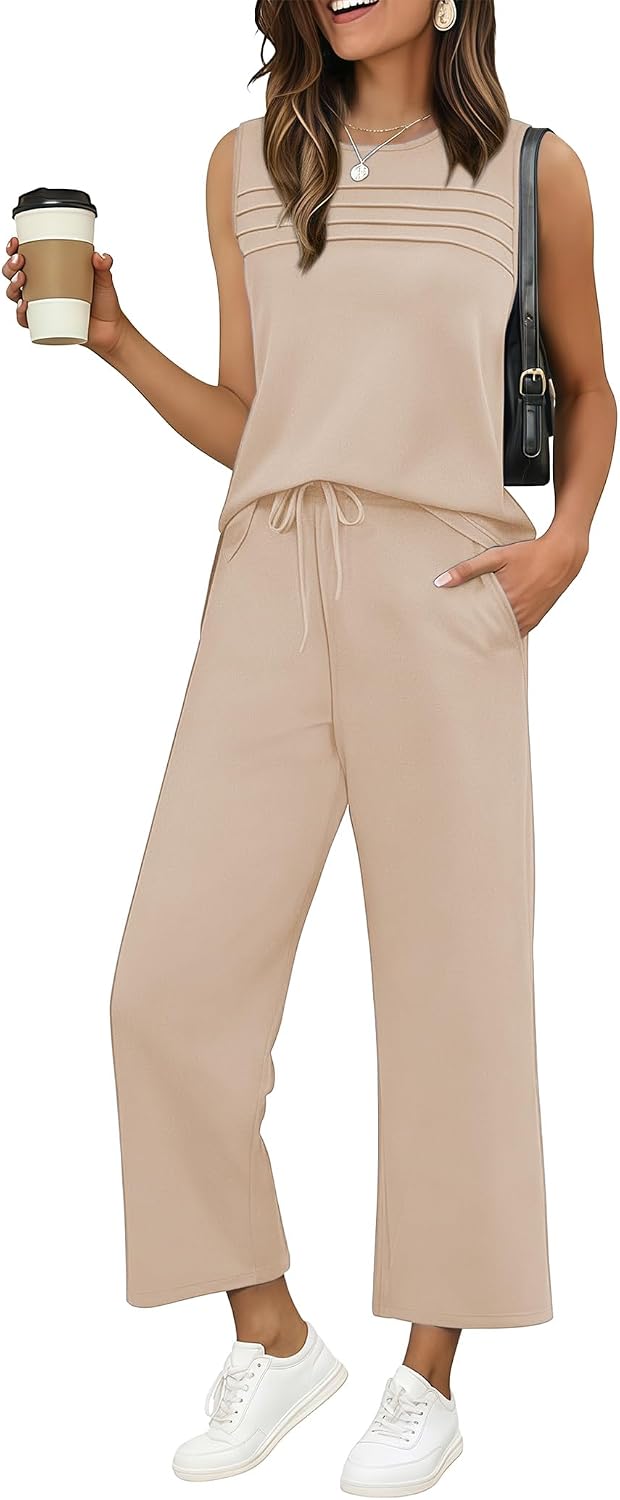 Ekouaer Womens Two Piece Lounge Sets for Summer Sleeveless Top Wide Leg Pants Matching Sets Airport Travel Outfit Red Small