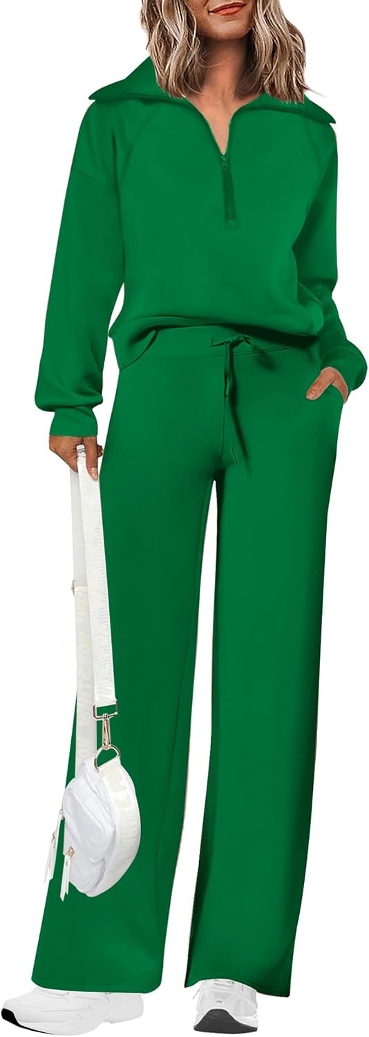 PRETTYGARDEN Women’s 2 Piece Outfits Casual Lapel Half Zip Sweatshirts and Wide Leg Pants Tracksuit Sets
