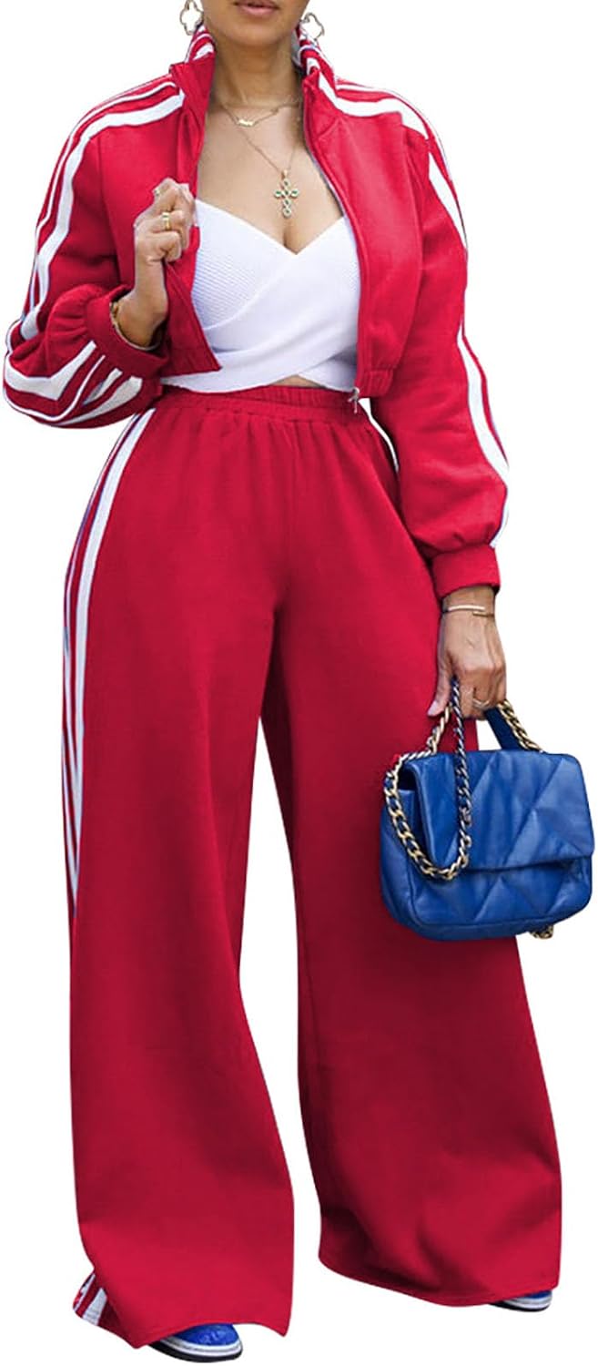 Sweatsuits Women 2 Piece Outfit Striped Tracksuit Long Sleeve Zipper Crop Jacket Wide Leg Sweatpants Set