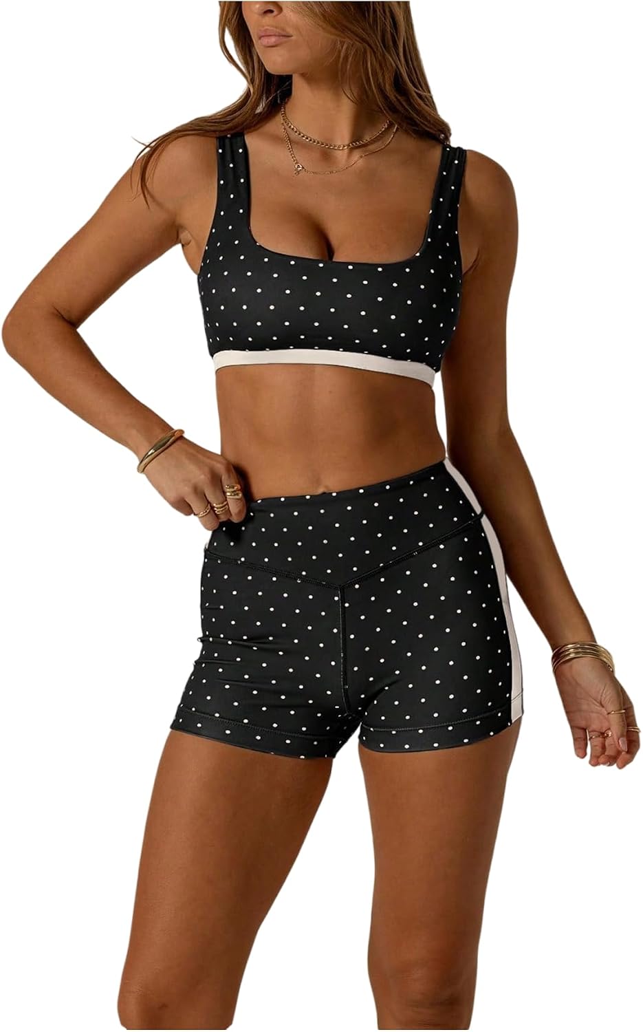 SOLY HUX Workout Sets for Women Polka Dots 2 Piece Cute Gym Yoga Outfits Sports Bra High Waist Biker Shorts Activewear