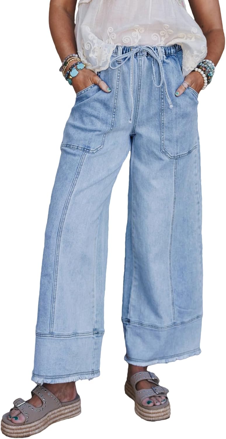 SHEWIN Women’s Wide Leg Jeans High Waisted Baggy Jeans Stretchy Drawstring Denim Pants