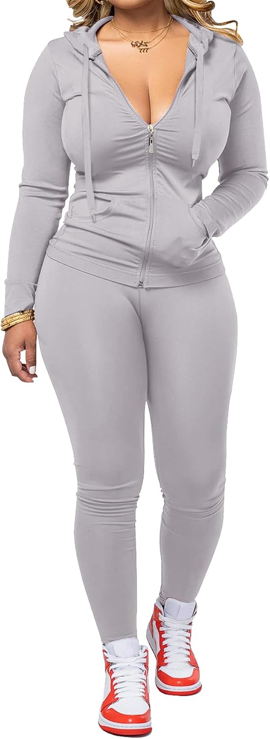 AUXDIO Women 2 Piece Outfits Casual Workout Sets Bodycon Tracksuit Zip Up Long Sleeve Hoodle Jacket Jogger Pants Set