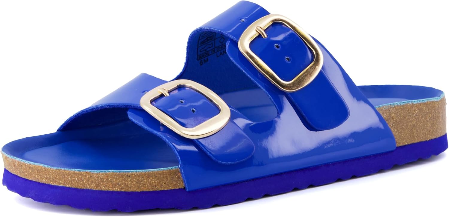 CUSHIONAIRE Lang Slip On Cork Footbed Womens Sandals – Comfortable Slides with Adjustable Buckle Flat Sandals for Women