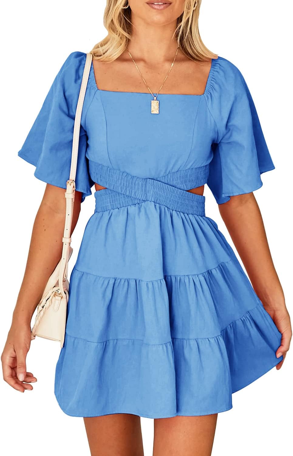 Shy Velvet Women’s Summer Dress Square Neck Short Sleeves Crossover Waist Casual Party Mini Dress