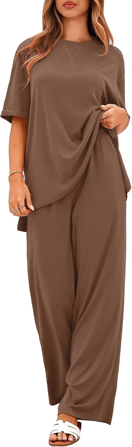 Totatuit Two Piece Sets For Women Summer Travel Vacation Airport Outfits Short Sleeve Oversized Loungewear Sets