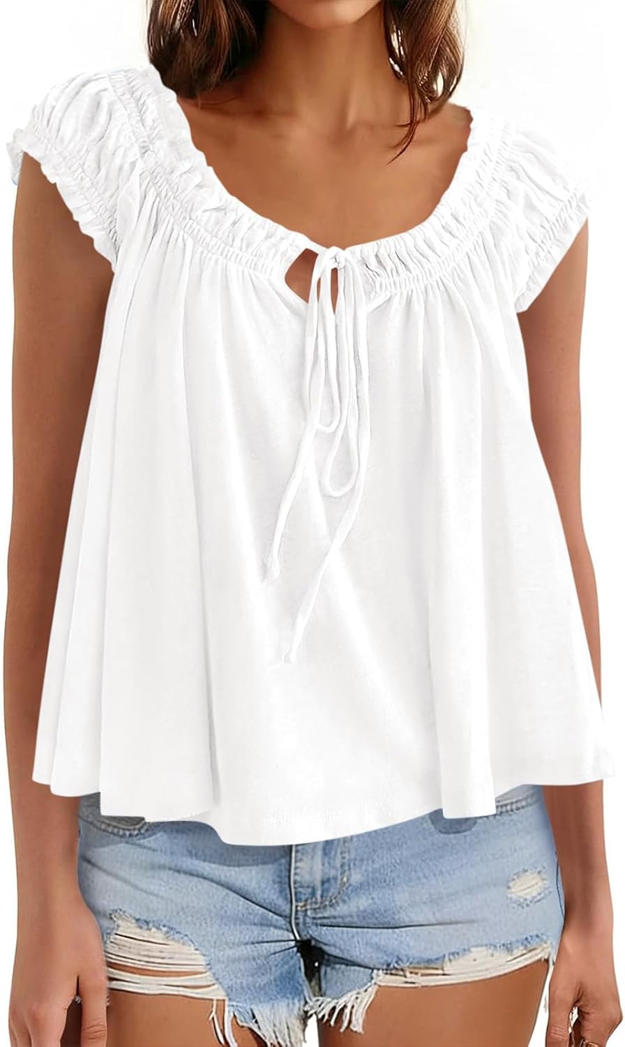 Womens Summer Babydoll Flowy Tank Tops Tie Front Ruffle Cap Sleeve Blouses Cute Going Out Dressy Shirts