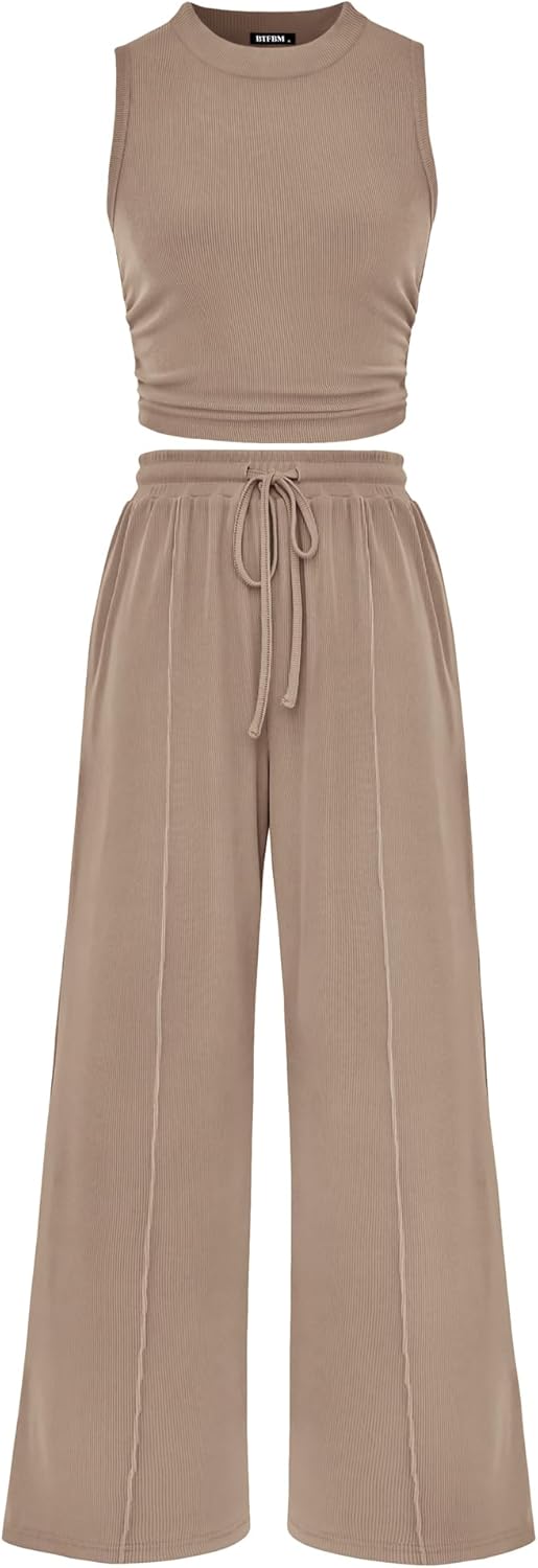BTFBM Summer Outfits For Women 2026 Ribbed Sleeveless Tank Tops Wide Leg Pants 2 Piece Sets Lounge Set Clothing