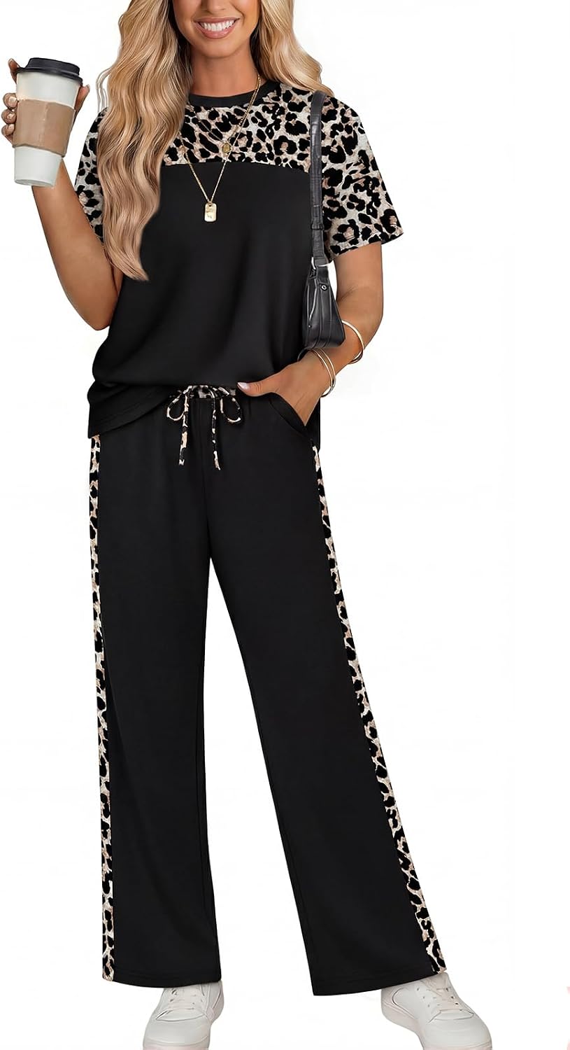 WIHOLL Two Piece Sets for Women Summer Lounge Matching Sets Clothing Beach Vacation Travel Spring Outfits Wide Leg Pants Set