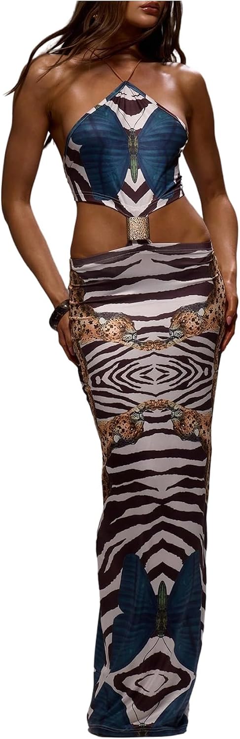Floerns Women’s Summer Cut Out Maxi Dress Backless Halter Animal Print Beach Bodycon Dresses Multicolor Small
