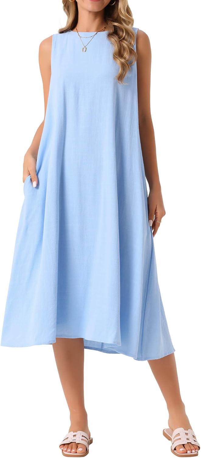 Seta T Women’s Linen Dresses Crewneck Loose Fit Shift Sleeveless Sundresses Casual Tank Dress with Pockets