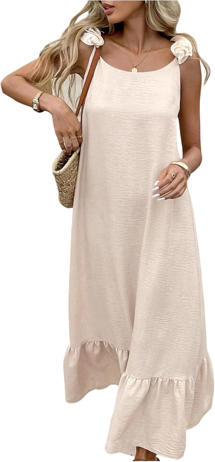 OYOANGLE Women’s 3D Floral Sleeveless Flowy Long Dress Tie Back Ruffle Swing Beach Vacation Dresses