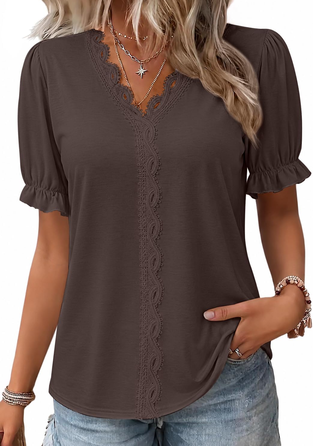 Blouses for Women Dressy Casual Ruffle Puff Sleeve Tops Boho V Neck Summer Spring Fall Fashion Clothes 2026