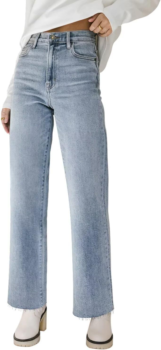 KDF Women’s High Waisted Straight Leg Jeans for Women Black Cropped Wide Leg Frayed Baggy Raw Hem Loose Stretchy Pants