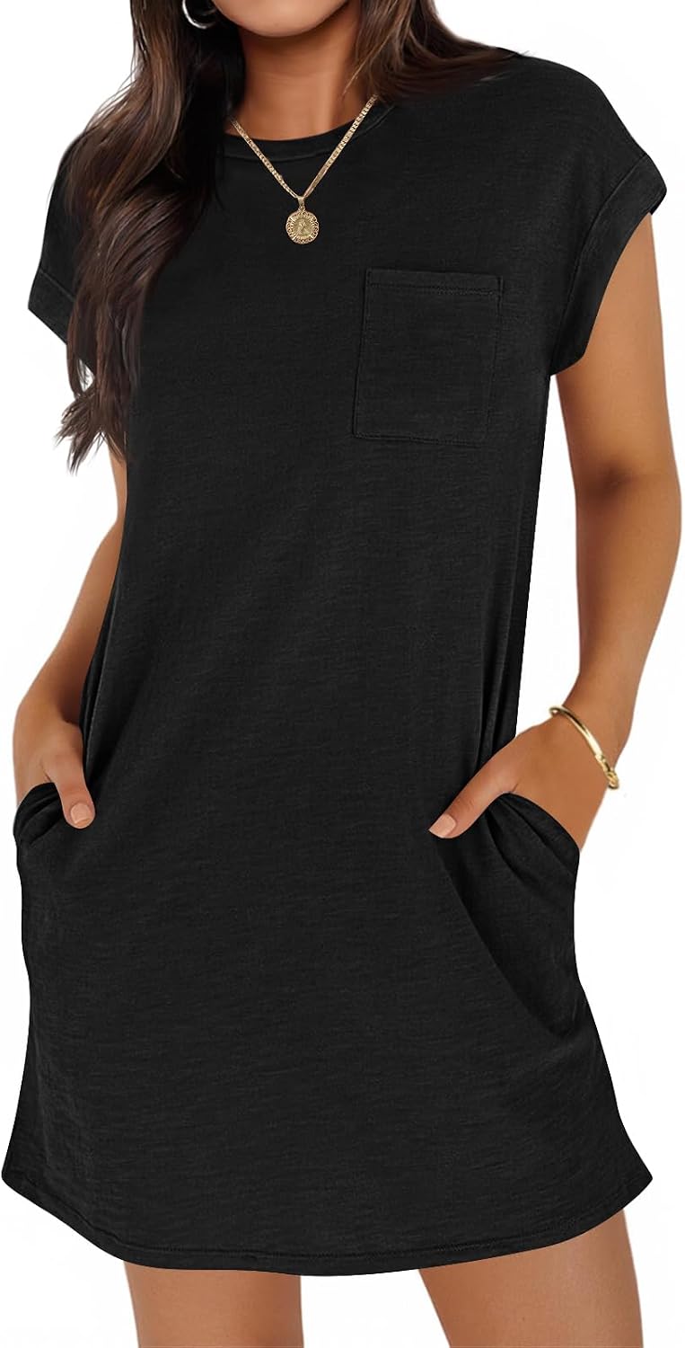 Wenrine Women’s Summer T Shirt Dress Casual Short Sleeve Crewneck Loose Fit Mini Dresses with Pockets