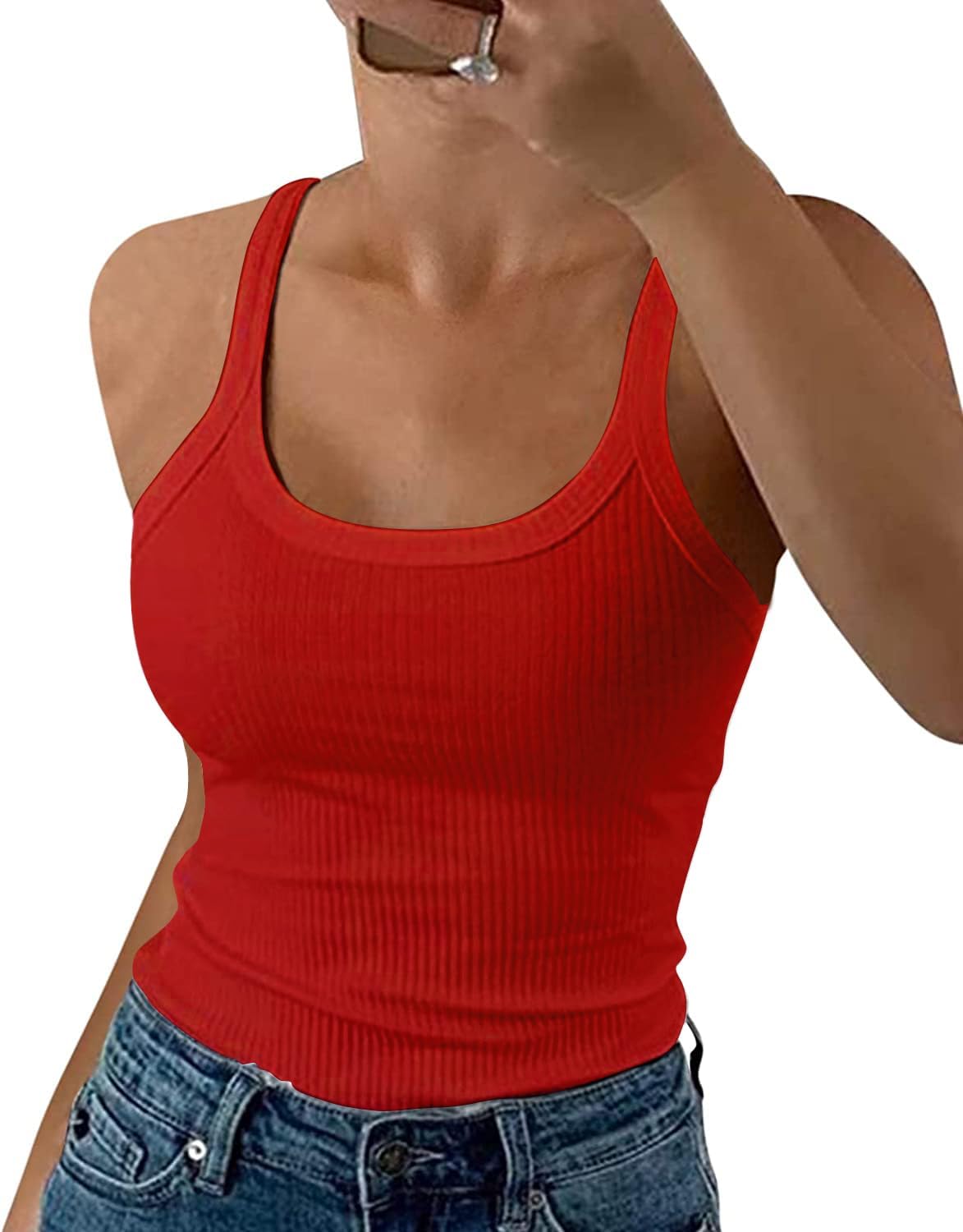 GEMBERA Women Spaghetti Strap Scoop Neck Ribbed Tank Tops Slim Fitted Cotton Camisole Basic Sleeveless Layering Shirts