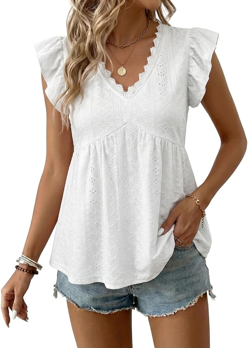 BLENCOT Women Boho Tank Top Lace V-Neck Ruffle Camisole Summer Texture Sleeveless Blouses