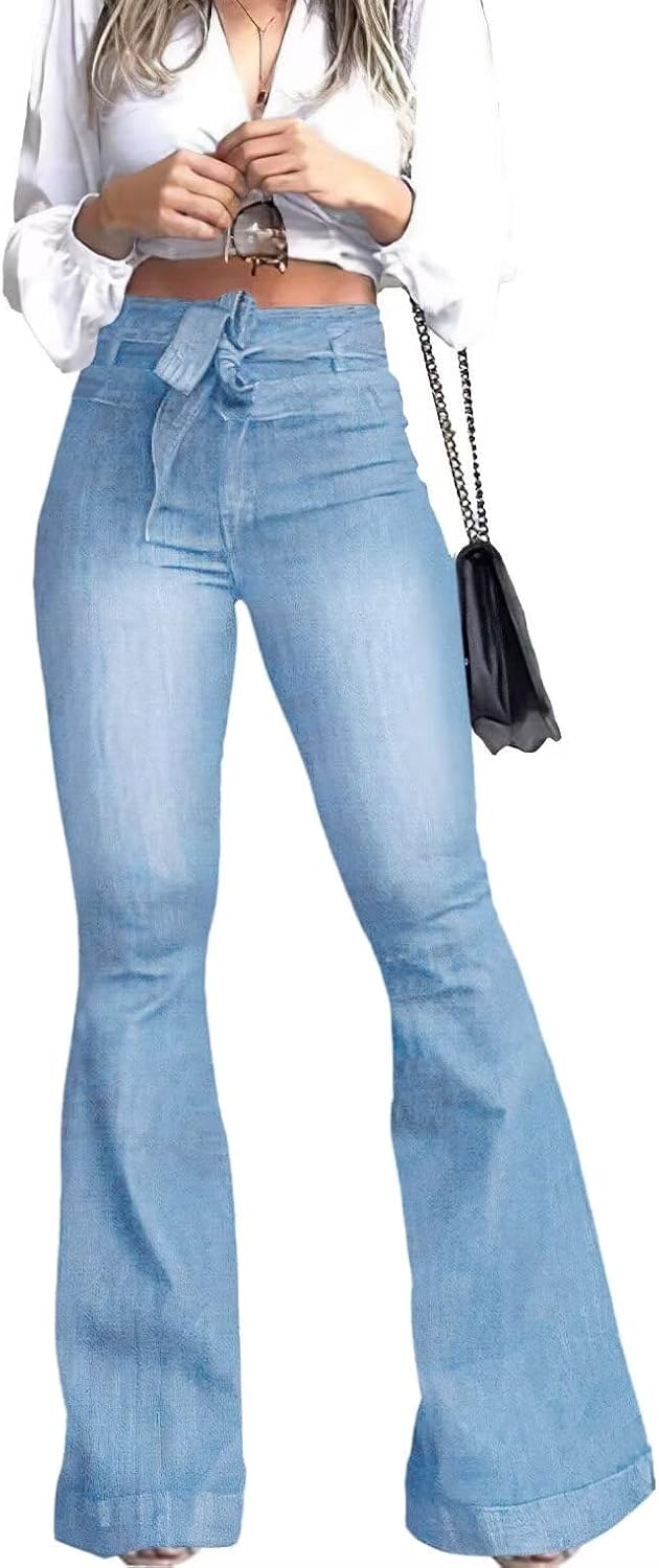 KDF High Waisted Flare Jeans for Women Bell Bottom Jeans with Belt for Women Stretch Wide Leg Jeans