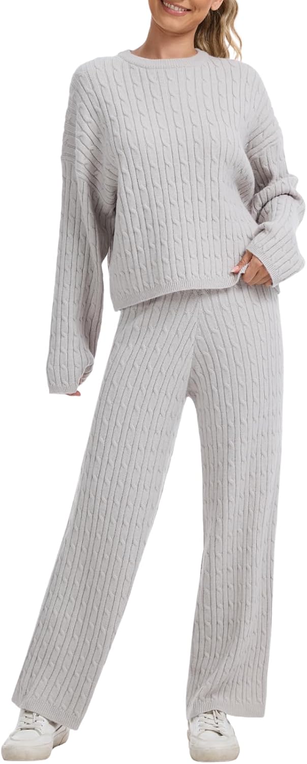 AnotherChill Women’s Cable Knit Sweater Lounge Set – Long Sleeve Pullover Top with Wide Leg Pants, 2 Piece Cozy Outfit